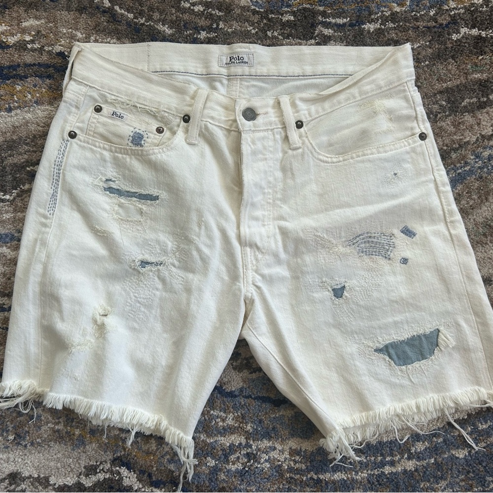 POLO Ralph Lauren Men’s White Sullivan Slim Cut Off Distressed Denim Shorts 32